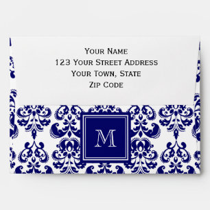 Your Monogram, Navy Blue Damask Pattern 2 Envelope