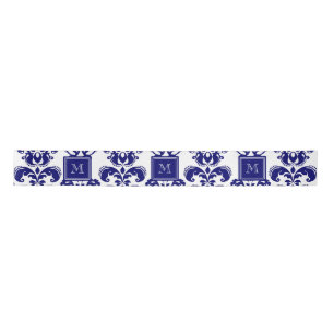 Your Monogram, Navy Blue Damask Pattern 2 Satin Ribbon