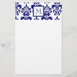 Your Monogram, Navy Blue Damask Pattern 2 Stationery