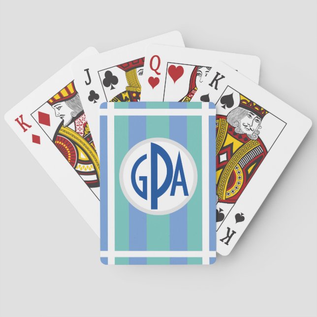 Your monogram on striped Blue, Turquoise  & White Playing Cards (Back)
