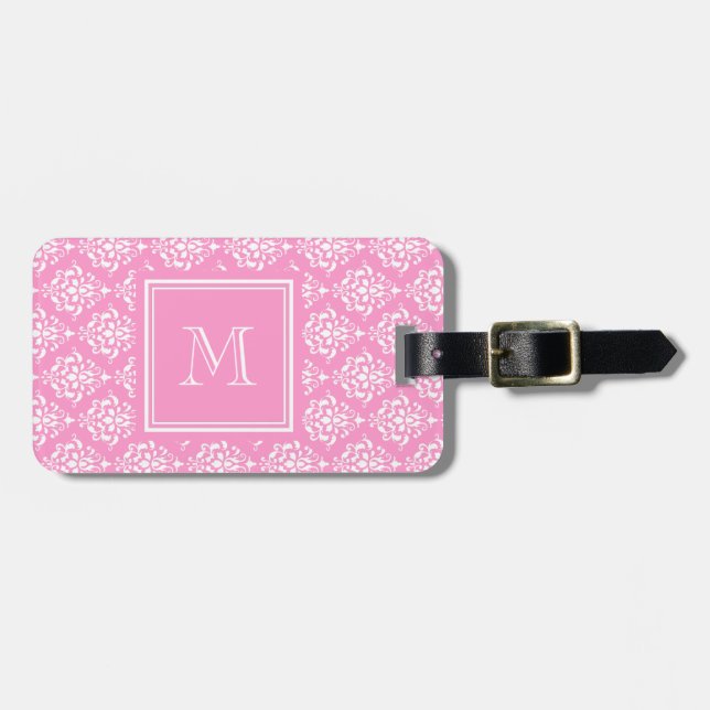 Your Monogram, Pink Damask Pattern 2 Luggage Tag (Front Horizontal)