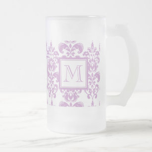 Your Monogram, Purple Damask Pattern 2 Frosted Glass Beer Mug