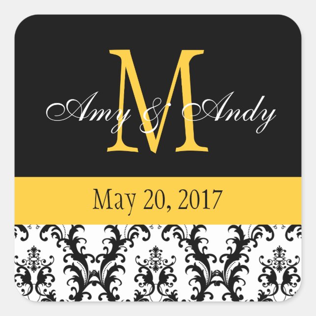 Your Monogram, Save the Date Damask Black Yellow Square Sticker (Front)