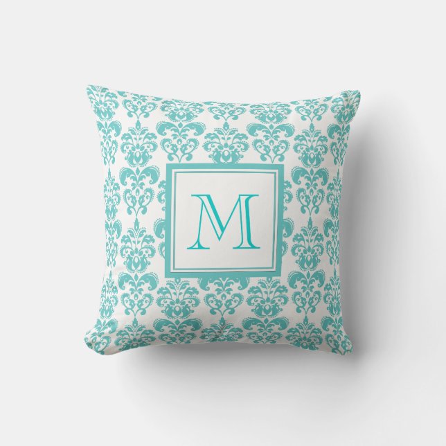 Your Monogram, Teal Damask Pattern 2 Cushion (Front)