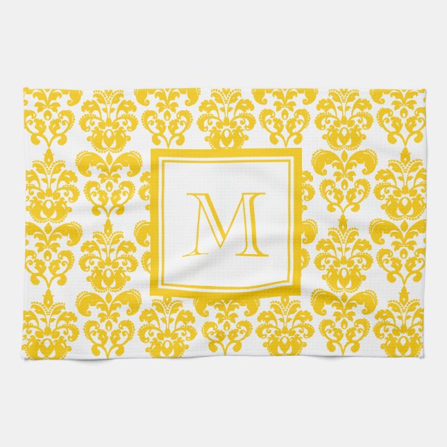 Your Monogram, Yellow Damask Pattern 2 Tea Towel (Horizontal)