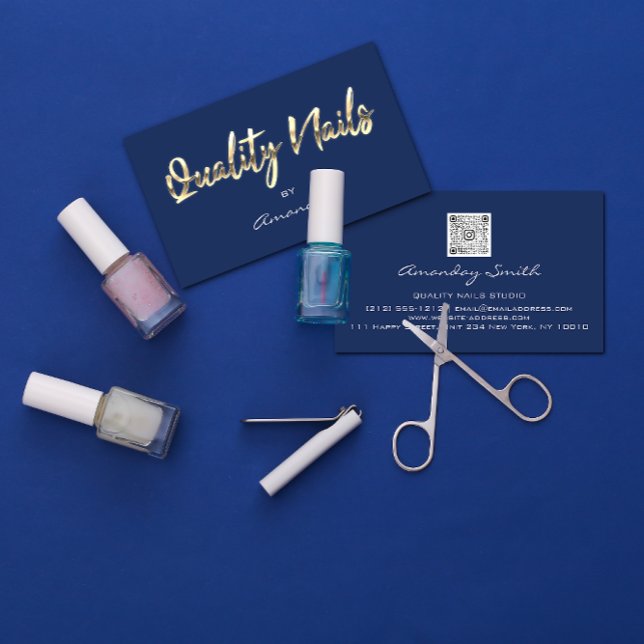 Your Nail Salon’s Brand with Quality Nails Script  Business Card (Quality Nails Script QR Code Logo Blue Navy Gold Business Card)