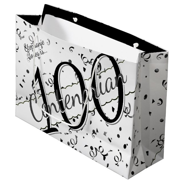 Your Name - 100 Years Centenarian Black/White  Large Gift Bag (Front Angled)