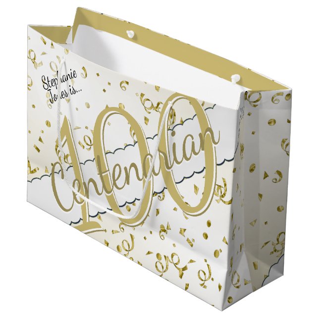 Your Name - 100 Years Centenarian Gold/White  Large Gift Bag (Front Angled)