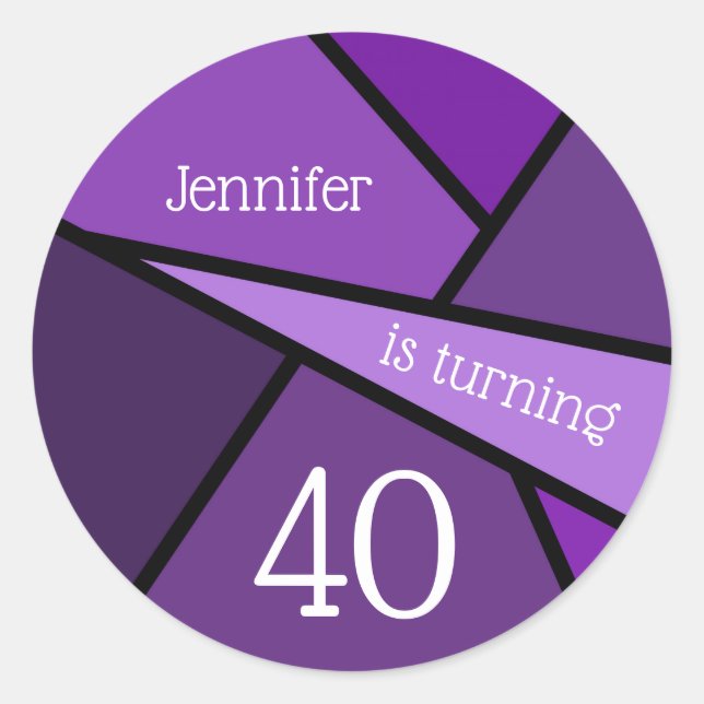 Your Name 40th Birthday Abstract Purple Geometric Classic Round Sticker (Front)