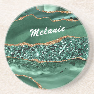 Your Name Agate Green Gold Glitter Marble Coaster