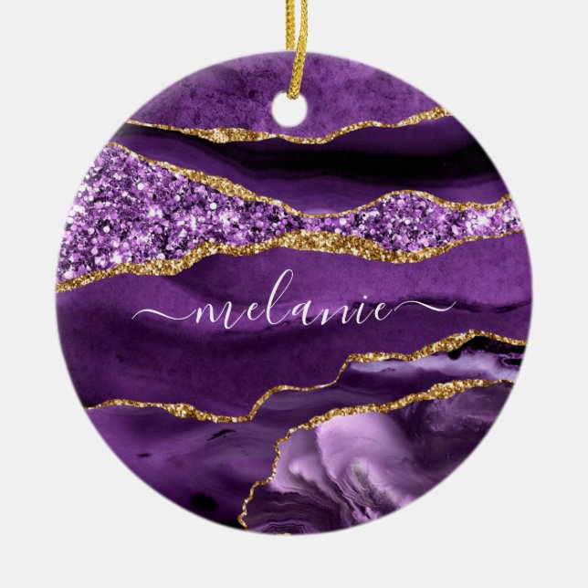 Your Name Agate Purple Violet Gold Glitter Marble Ceramic Ornament (Front)