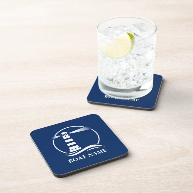 Your Name Anchor with Classic Lighthouse Navy Blue Coaster (Right Side)