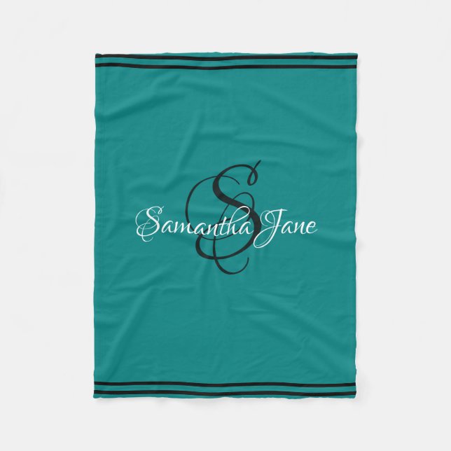 Your Name and Initial Teal Black & White Script - Fleece Blanket (Front)