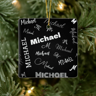 Your name and monogram custom pattern black ceramic ornament