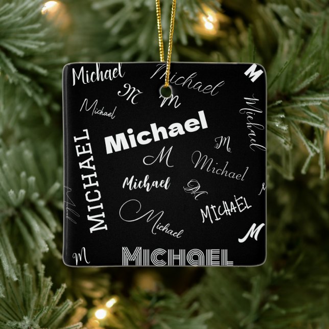 Your name and monogram custom pattern black ceramic ornament (Tree)