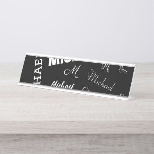 Your name and monogram custom pattern black desk name plate