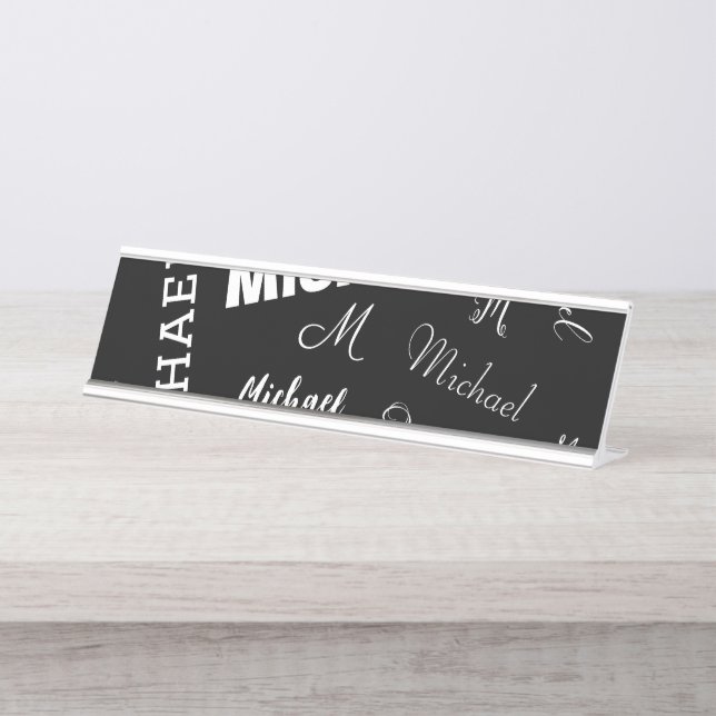 Your name and monogram custom pattern black desk name plate (Front)
