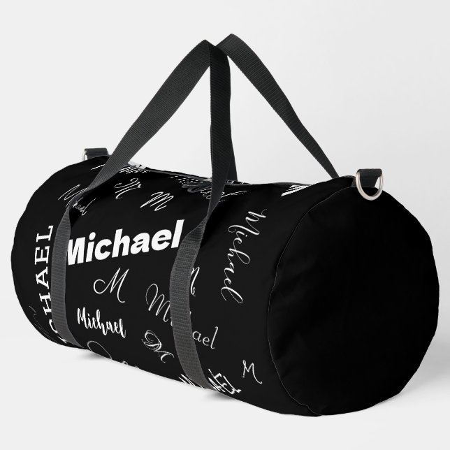 Your name and monogram custom pattern black duffle bag (Left Corner)