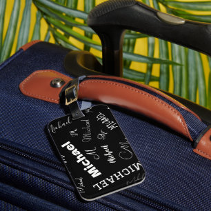 Your name and monogram custom pattern black luggage tag