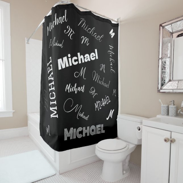 Your name and monogram custom pattern black shower curtain (In Situ)