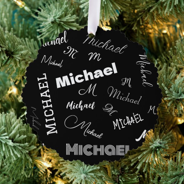 Your name and monogram custom pattern black tree decoration card (Insitu (Tree))