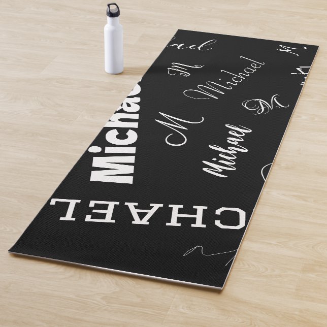 Your name and monogram custom pattern black yoga mat (In Situ)