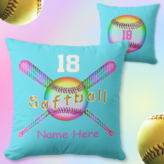 YOUR NAME and NUMBER on Cool Softball Pillows (Softball pillow. Personalized softball gifts. Senior night softball gifts. Softball bedroom decor.)