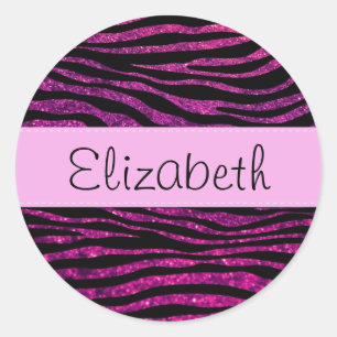 Your Name - Animal Print, Zebra, Glitter - Pink Classic Round Sticker
