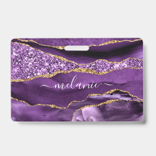 Your Name Badge Agate Purple Violet Gold Marble ID Badge