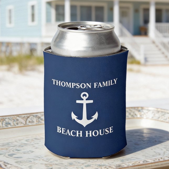 Your Name Beach House Anchor Blue Can Cooler (Creator Uploaded)