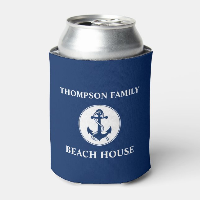 Your Name Beach House Anchor & Rope Blue Can Cooler (Can Front)