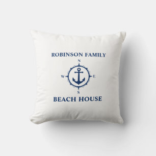 Your Name Beach House Compass Anchor White Cushion