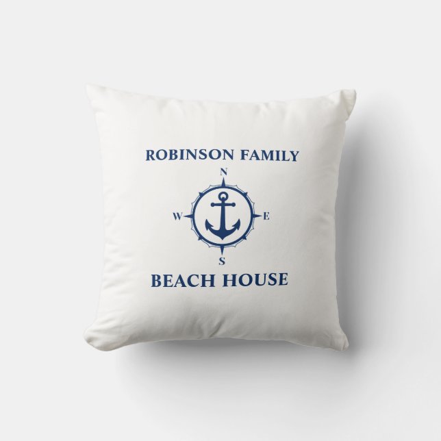 Your Name Beach House Compass Anchor White Cushion (Front)