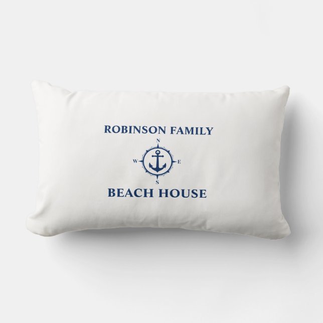 Your Name Beach House Compass Anchor White Lumbar Cushion (Front)