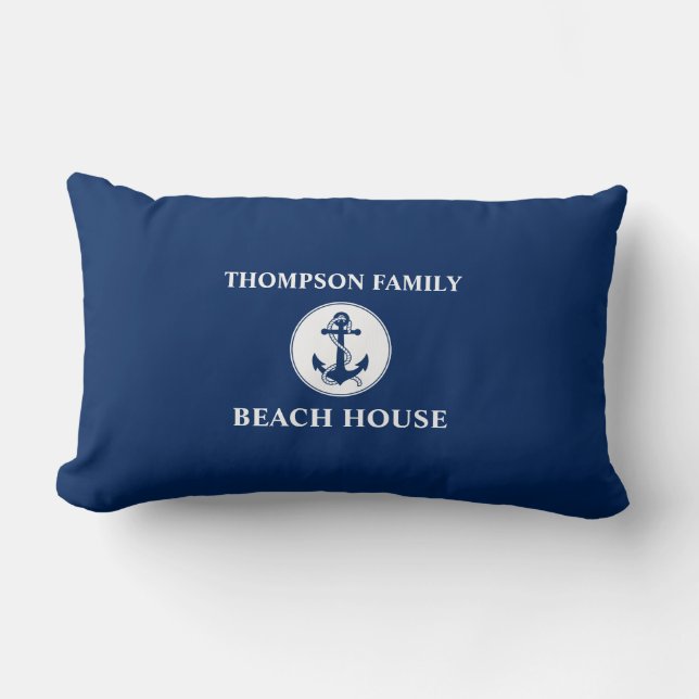 Your Name Beach House Rope & Anchor Blue Lumbar Cushion (Front)