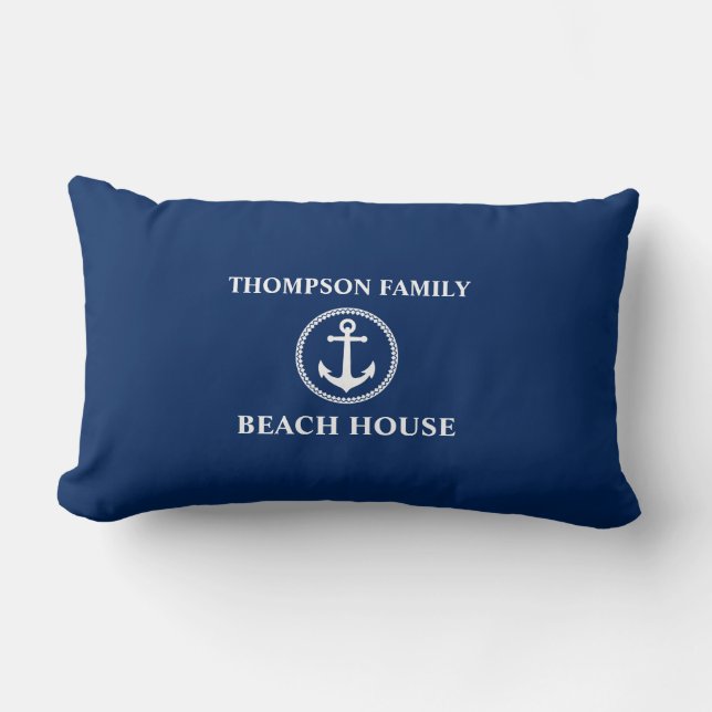 Your Name Beach House Sea Anchor Blue Lumbar Cushion (Front)