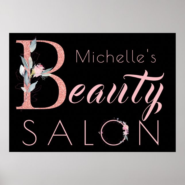Your name beauty salon floral glitter pink black poster (Front)