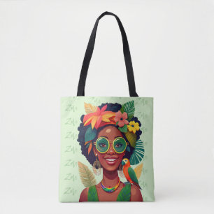 Your Name, Black Woman, Tropical Flowers & Parrot Tote Bag