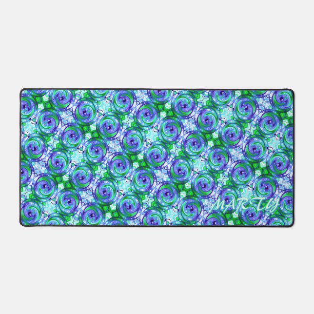 Your Name Blue Green Organic Shape Repeat Pattern Desk Mat (Front)