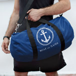 Your Name Boat or Port Nautical Sea Anchor Blue Duffle Bag<br><div class="desc">A nautical themed travel duffle with your personalised name, boat name, favourite sailing location, port or other desired text. This stylish modern design features a custom boat anchor highlighted by a ring of diamonds in white. The bags rich navy blue colour can easily be changed to any desired colour if...</div>