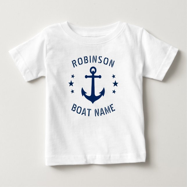 Your Name & Boat Vintage Anchor Stars Blue & White Baby T-Shirt (Front)