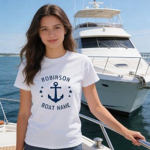 Your Name & Boat Vintage Anchor Stars Blue & White T-Shirt