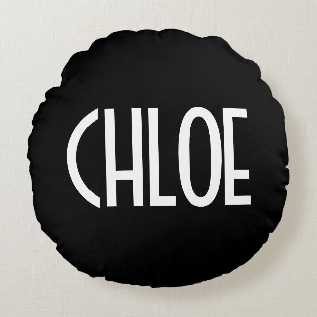 Your Name, Bold White Text | Black Round Cushion (Front)