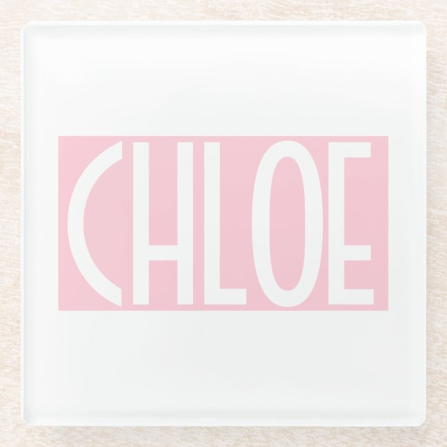 Your Name | Bold White Text on Light Pink Glass Coaster (Front)