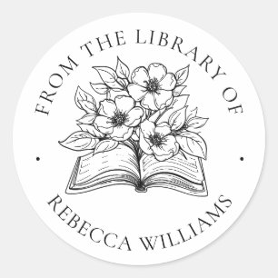 Your Name Book & Flowers Ex Libris Bookplate Classic Round Sticker