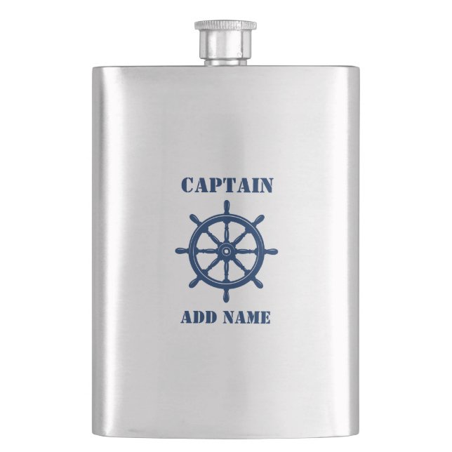 Your Name Captain Flask Ships Wheel Helm Navy (Front)