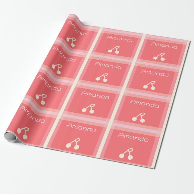 Your Name Cherry Grid Pattern Wrapping Paper (Unrolled)
