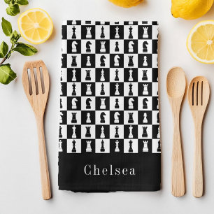 Your Name Chess Game Figures Pattern Black & White Tea Towel