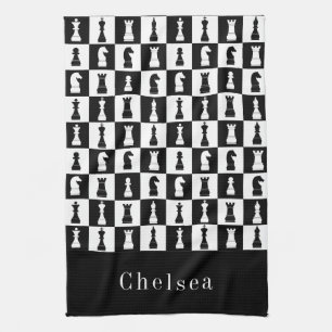 Your Name Chess Game Figures Pattern Black & White Tea Towel