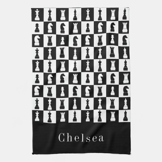 Your Name Chess Game Figures Pattern Black & White Tea Towel (Vertical)